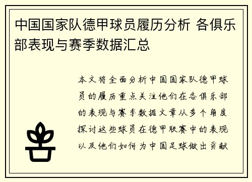 中国国家队德甲球员履历分析 各俱乐部表现与赛季数据汇总