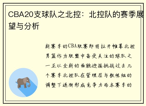 CBA20支球队之北控：北控队的赛季展望与分析